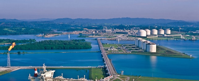 Natural Gas Tanker at Port with LNG Liquefaction Plant