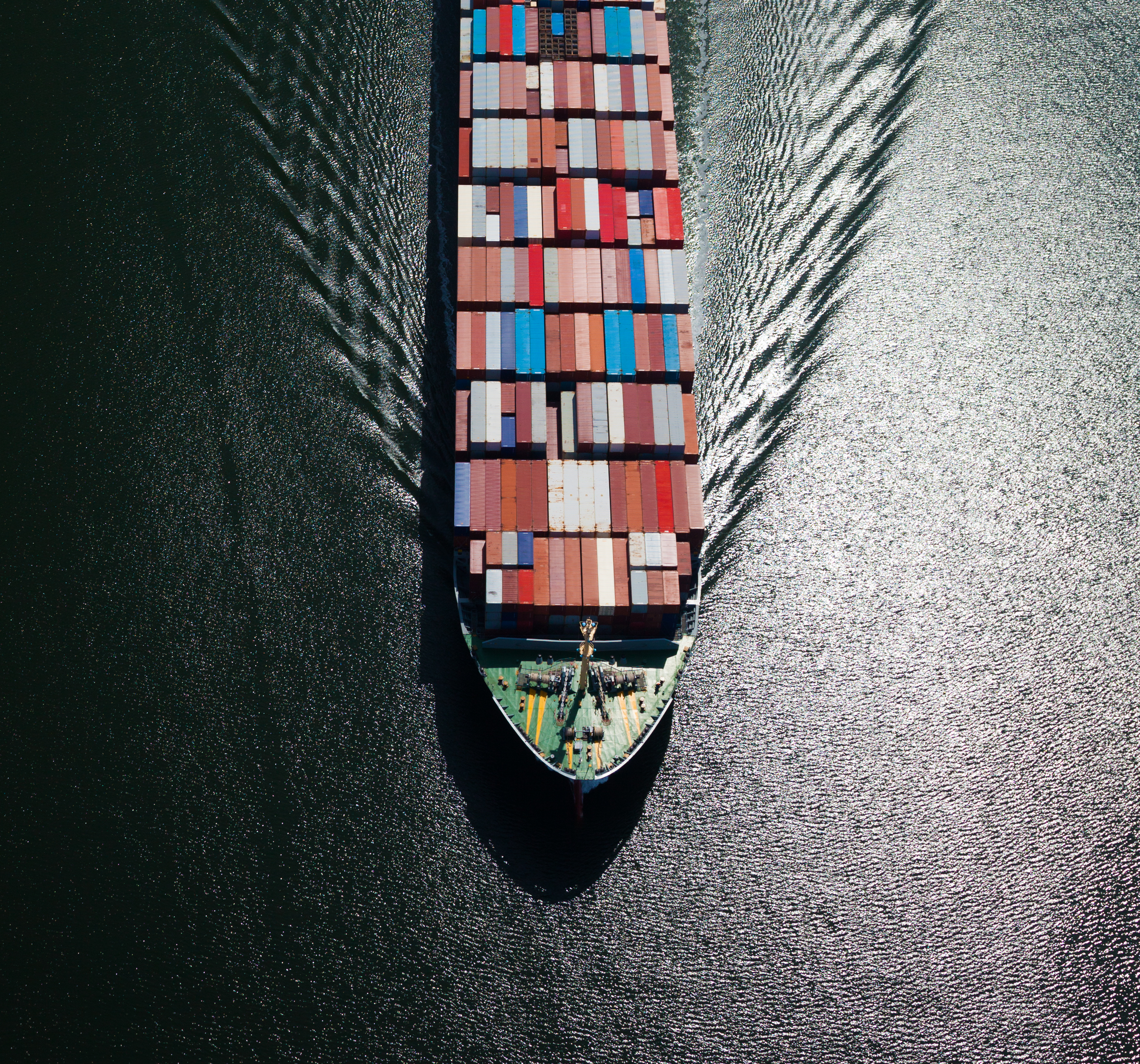 Aerial View of a Large Loaded Container Ship