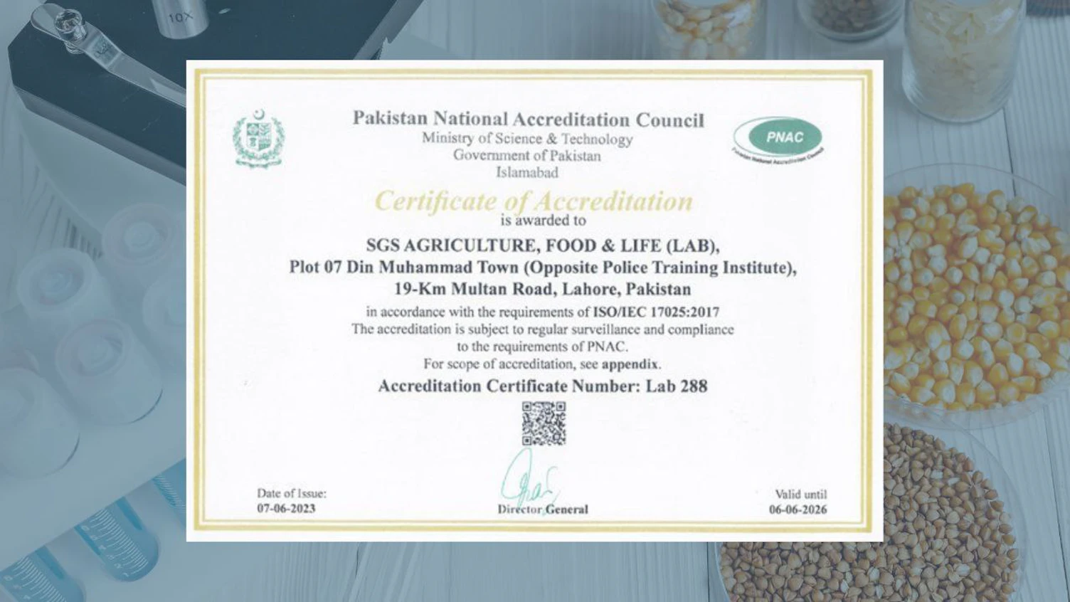 SGS Agriculture, Food and Feed Laboratory in Lahore Accredited for ISO 17025