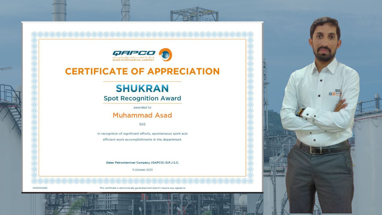 SGS Qatar Lifting Inspector Recognized for Outstanding Performance in Equipment Inspection by QAPCO