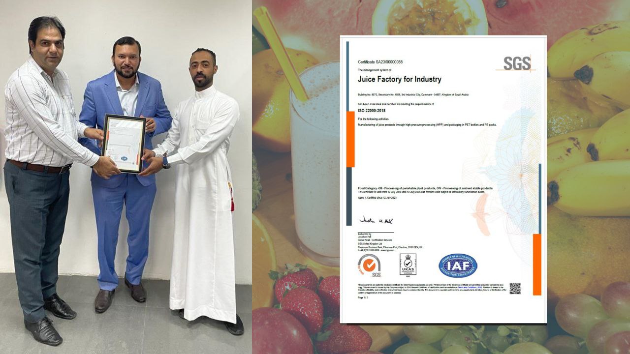 The Saudi Juice Factory for Industry (Signature Juices) Achieves ISO 22000 Certification from SGS