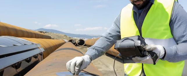 Non-destructive testing technician is checking welds of pipe with ultrasonic testing (UT) method. Ultrasonic testing is often performed on steel and other metals and alloys.