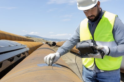 Non-destructive testing technician is checking welds of pipe with ultrasonic testing (UT) method. Ultrasonic testing is often performed on steel and other metals and alloys.