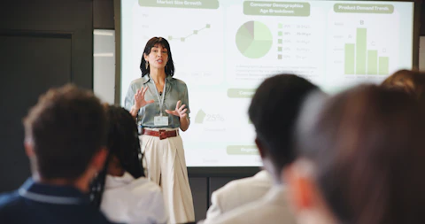Presentation charts and businesswoman in office for planning with finance graphs or statistics Meeti