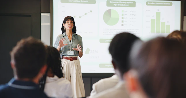 Presentation charts and businesswoman in office for planning with finance graphs or statistics Meeti