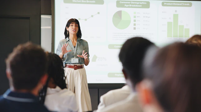 Presentation charts and businesswoman in office for planning with finance graphs or statistics Meeti