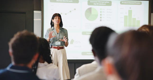 Presentation charts and businesswoman in office for planning with finance graphs or statistics Meeti