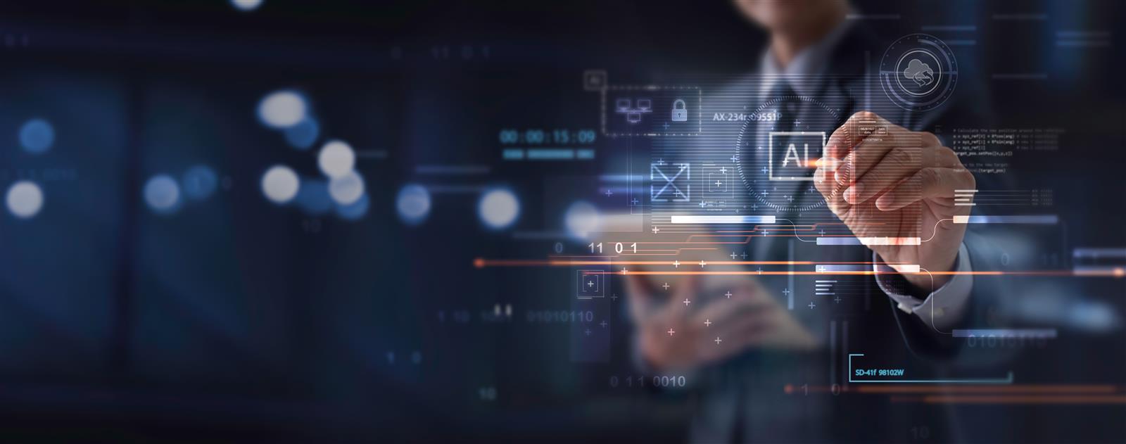 Biznesmen dotykający napisu AI na wirtualnym ekranie z danymi i kodem komputerowym