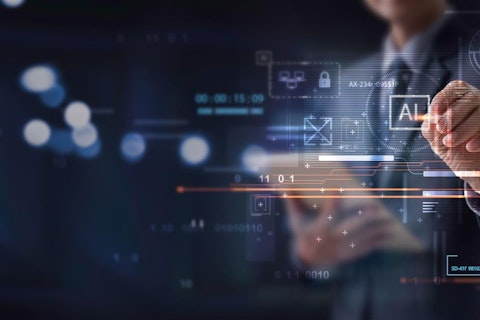 Biznesmen dotykający napisu AI na wirtualnym ekranie z danymi i kodem komputerowym