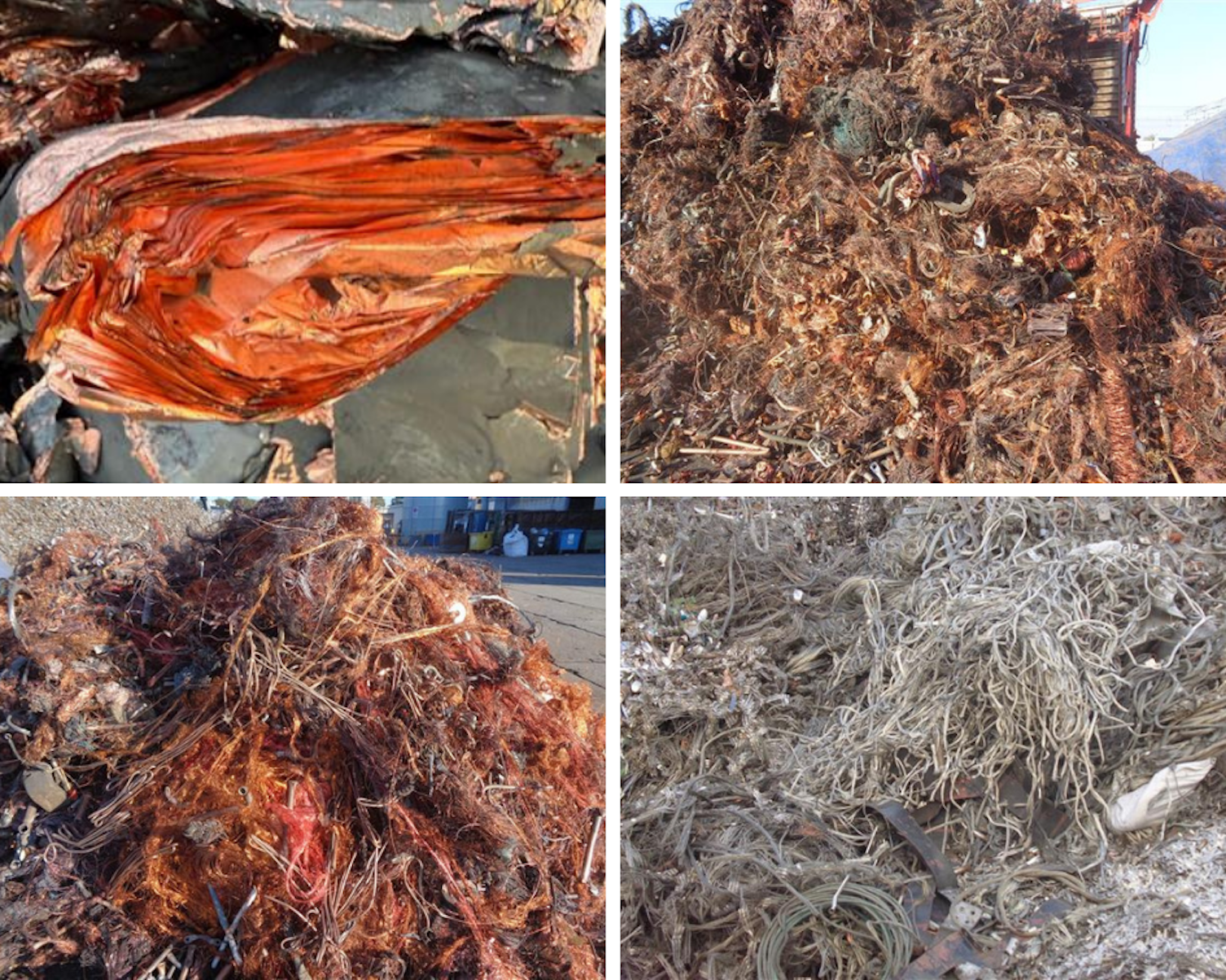 Zdjęcie przedstawia przykłady złomu miedzi w zależności od stopnia czystości.