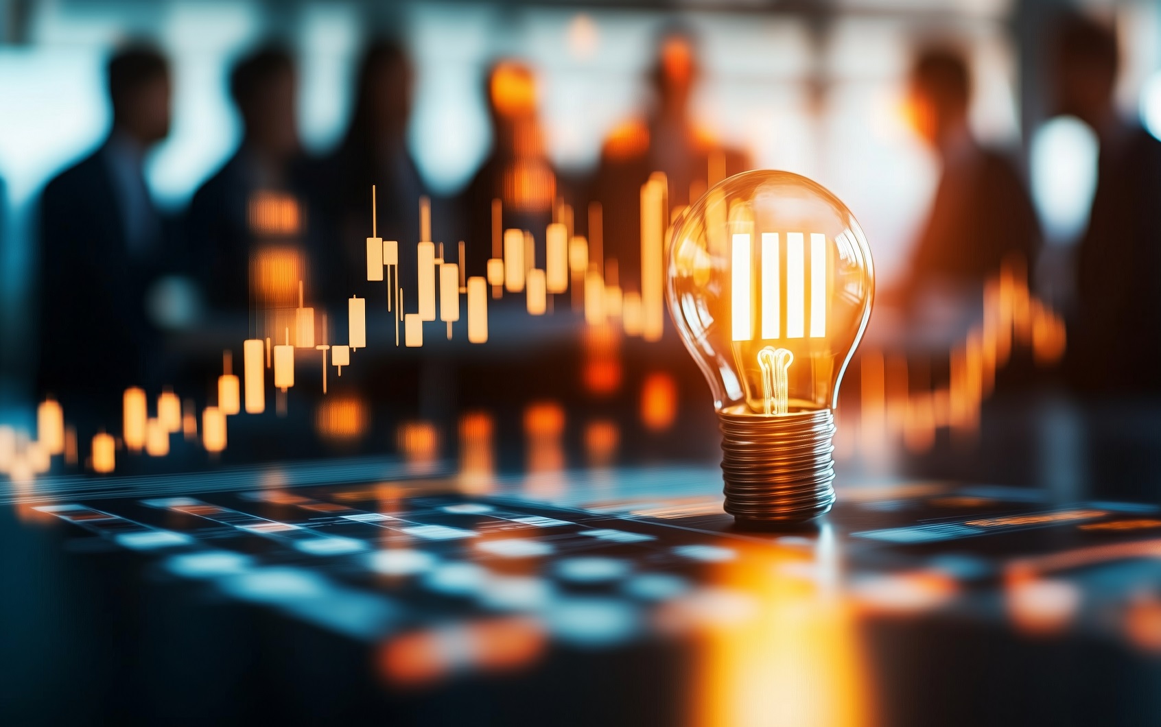 Rozświetlona żarówka z rozmawiającymi ludźmi w tle.