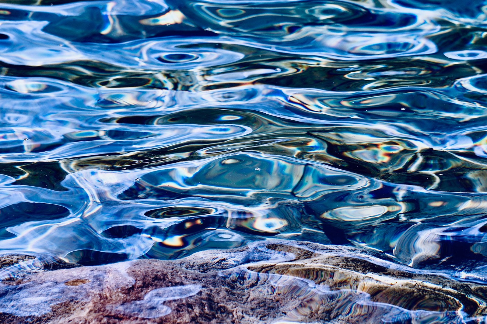 Zbliżenie na lśniącą, falującą taflę wody.