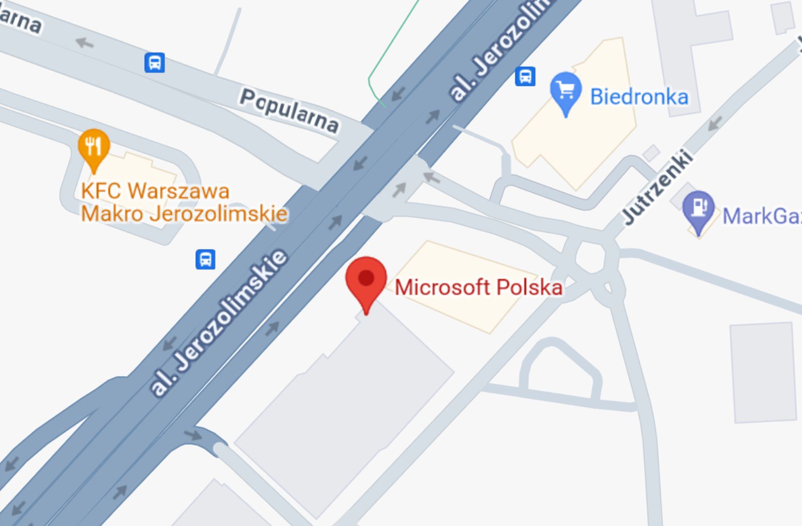 Fragment mapy Warszawy z zaznaczoną siedzibą Microsoft