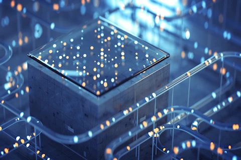 Circuit Board with Lines and Glowing Dots