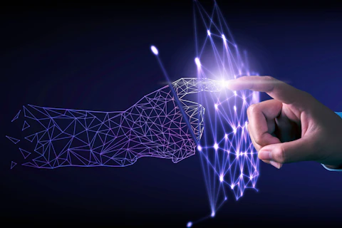 Hand touching modern interface digital transformation concept. Connection next generation technology and new era of innovation.