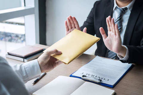 Anti bribery and corruption concept, Business man refusing and don't receive money banknote in envelope offer from business people to accept agreement contract of investment deal.