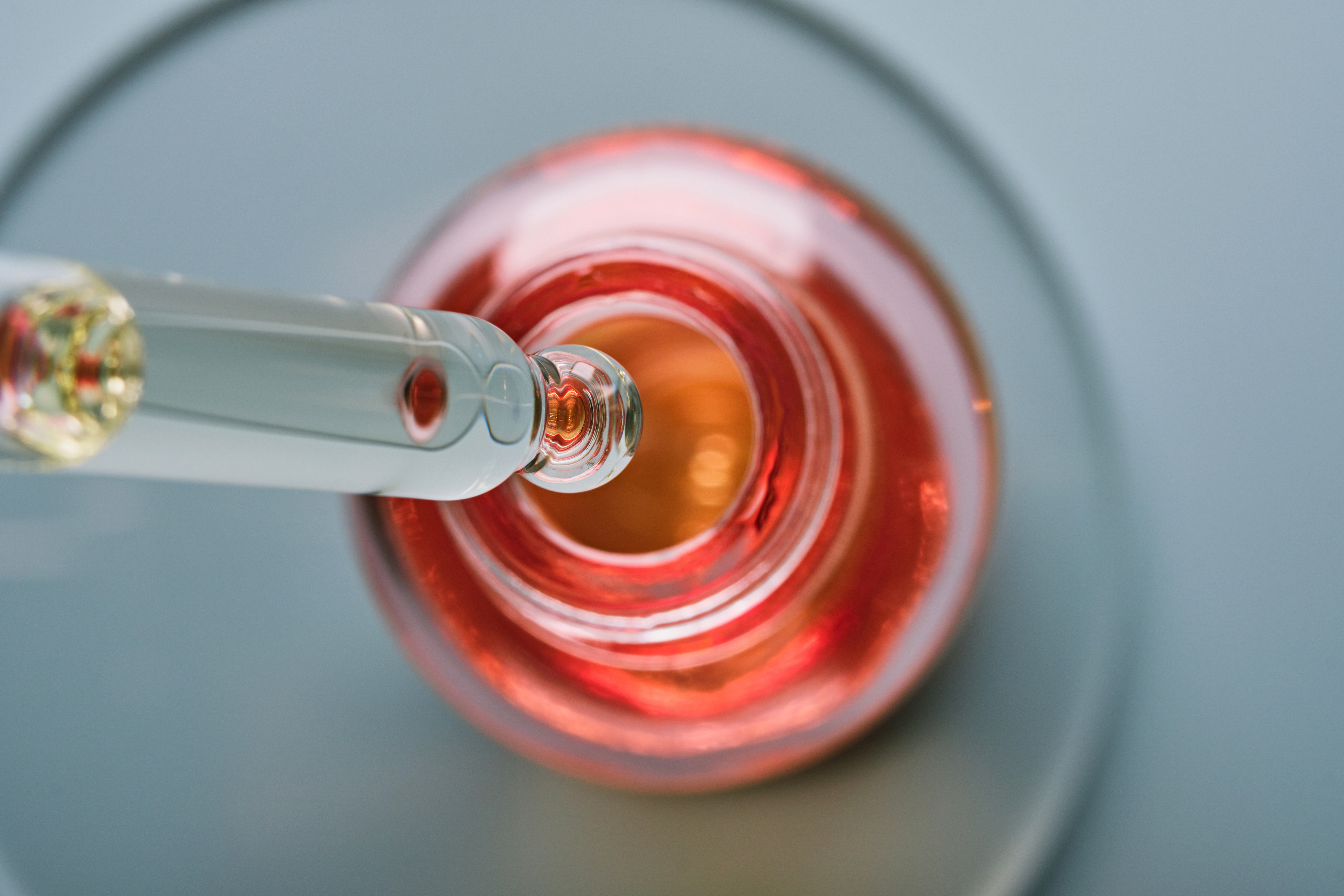 Oil or Serum bottle and pipette in petri dish on grey background. Pink cosmetic product, selective focus.