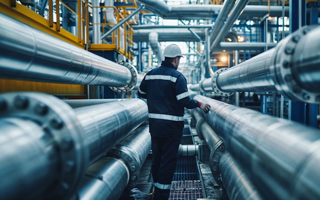 A worker in protective gear examining large pipelines at an industrial plant