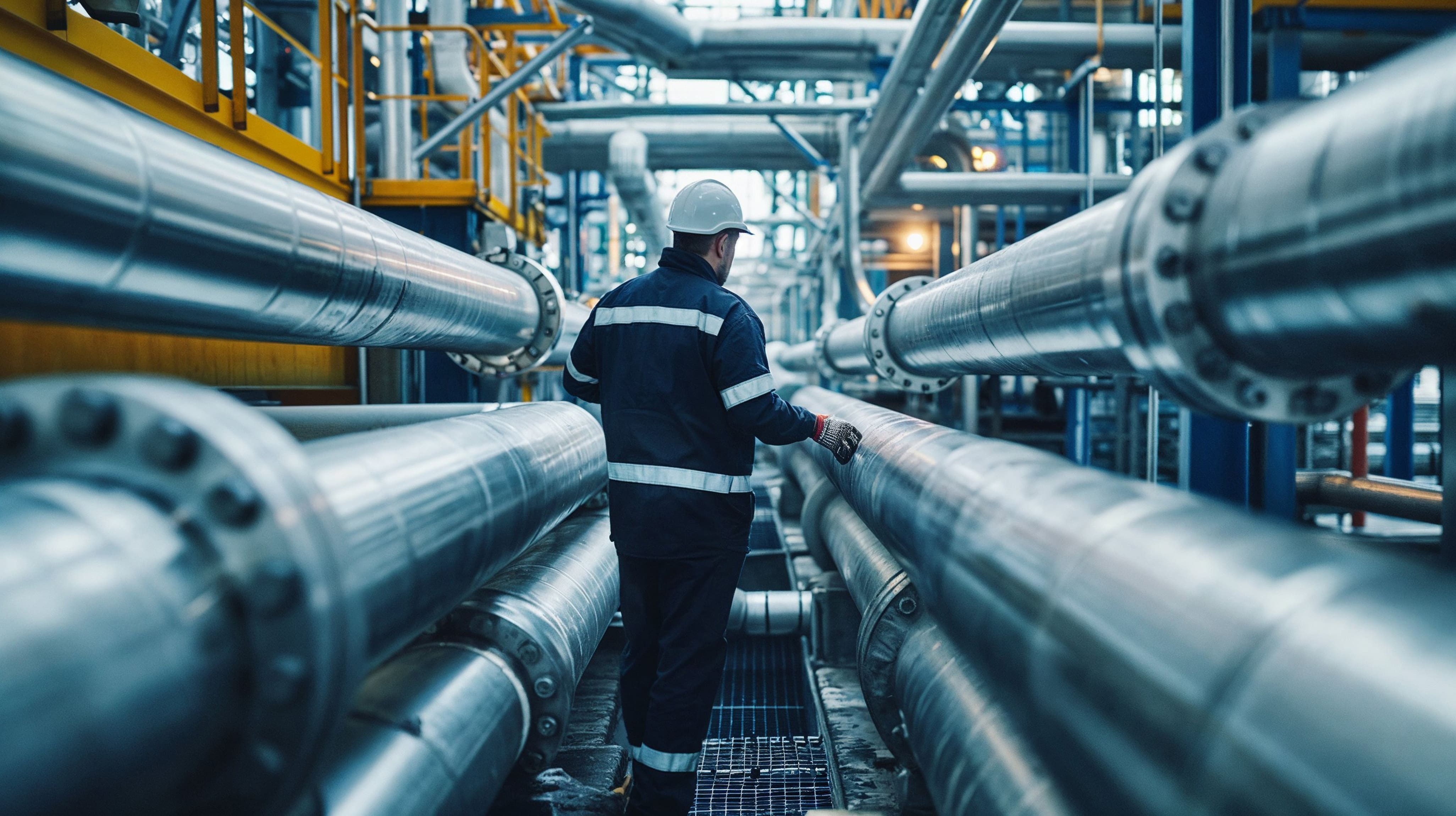 A worker in protective gear examining large pipelines at an industrial plant