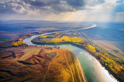 Aerial View of the Danube River Shore in Autumn