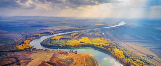 Aerial View of the Danube River Shore in Autumn