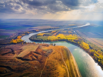 Aerial View of the Danube River Shore in Autumn