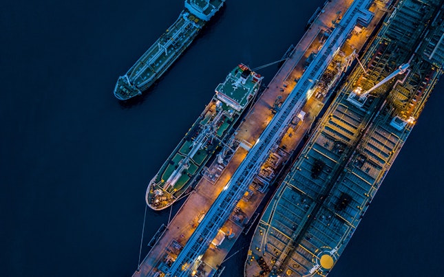 Aerial View Oil and Gas Tanker Cargo Ship Offshore at the Port