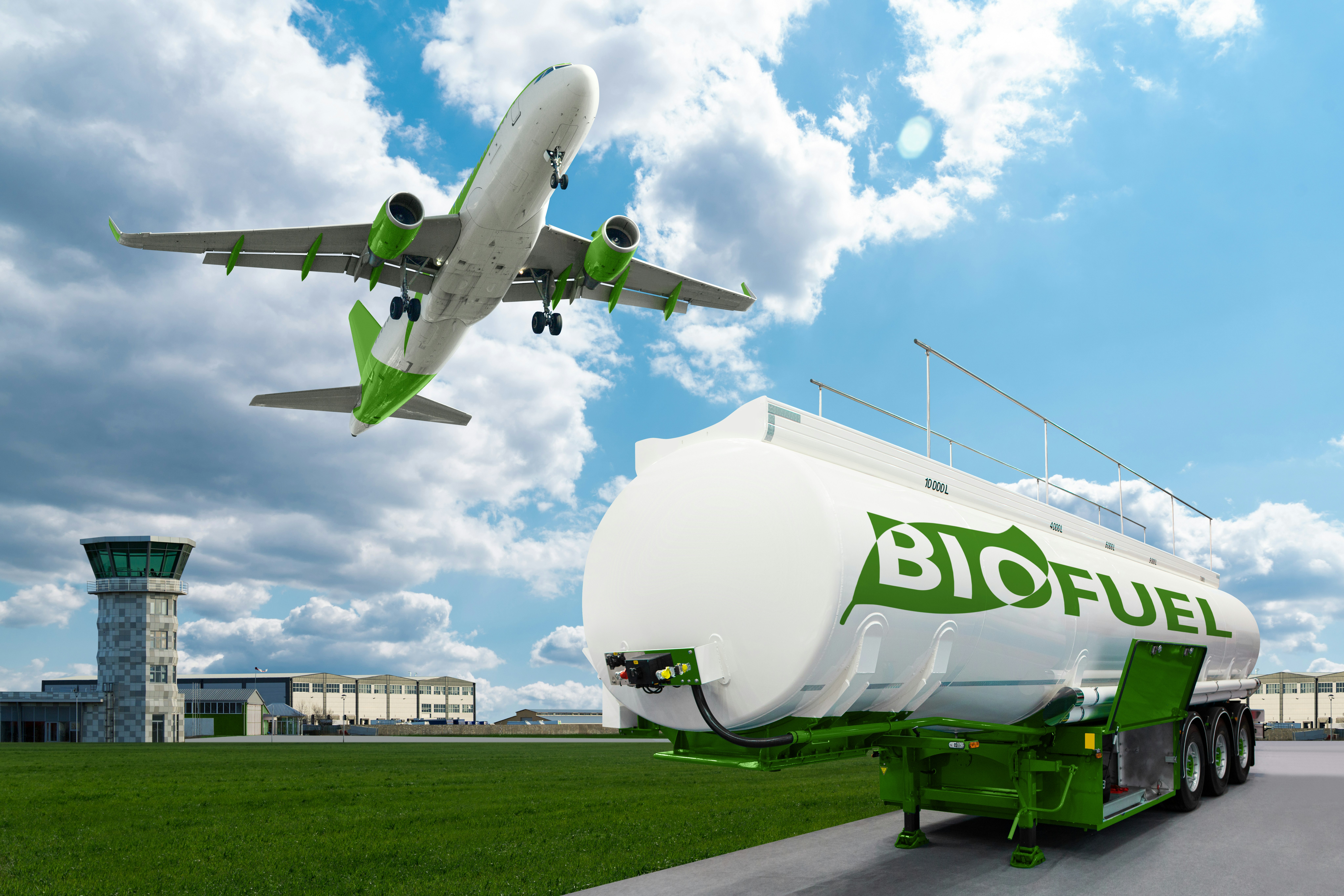 Airplane Flying above Biofuel Tank at an Airport