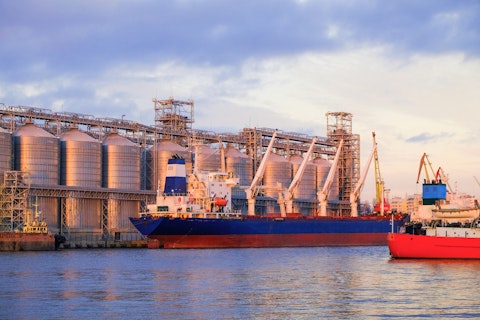 Bulk carrier ship in river port