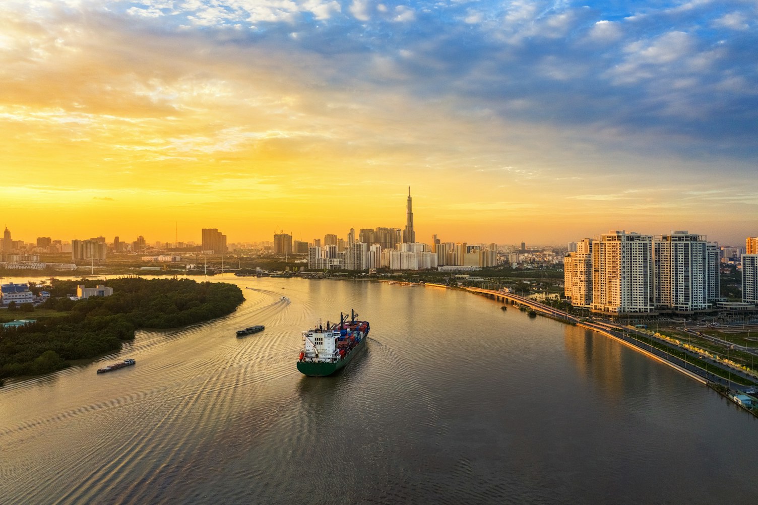 Cargo Ship Entering the River of Ho Chi Minh City Vietnam