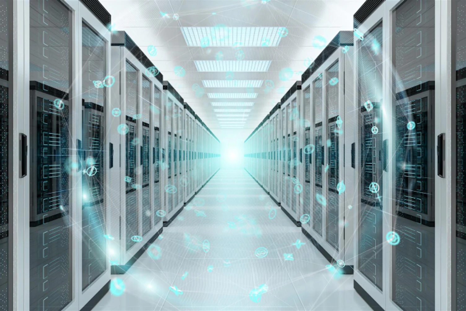 Digital White Earth Network Flying Over Server Room Data Center 3D Rendering