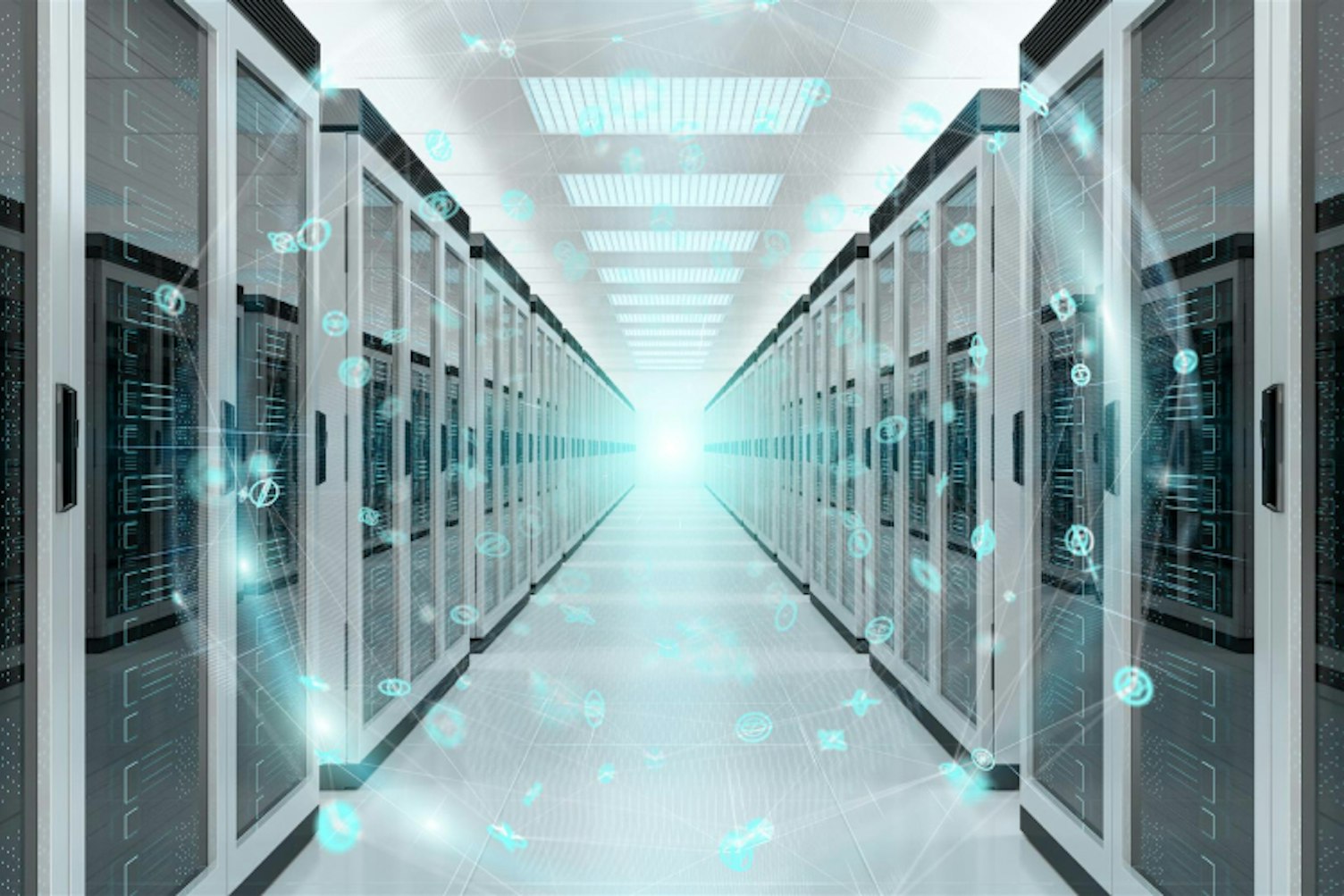 서버룸 데이터 센터 3D 렌더링 위로 날아가는 디지털 화이트 어스 네트워크