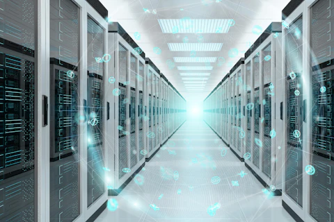 Digital White Earth Network Flying Over Server Room