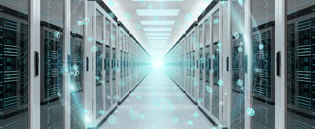 Digital White Earth Network Flying Over Server Room