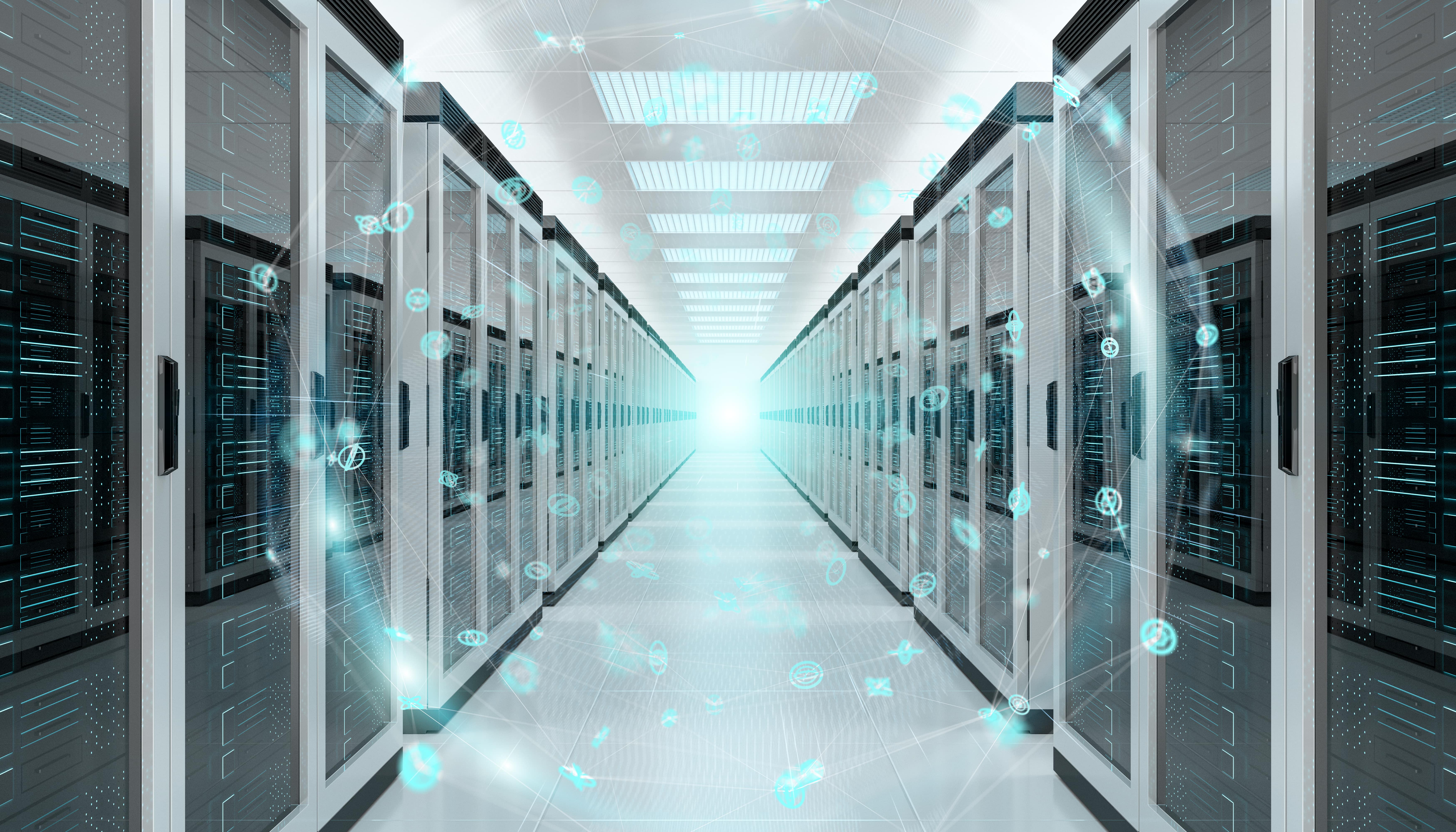 Digital White Earth Network Flying Over Server Room