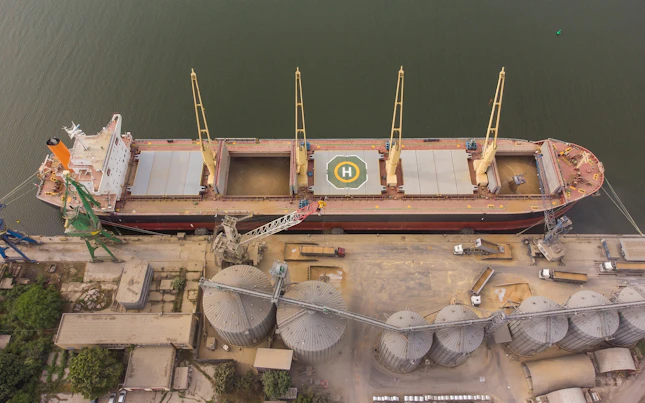 Loading grain into holds of sea cargo vessel in seaport from silos of grain storage. Bunkering of dry cargo ship with grain. Aerial top view