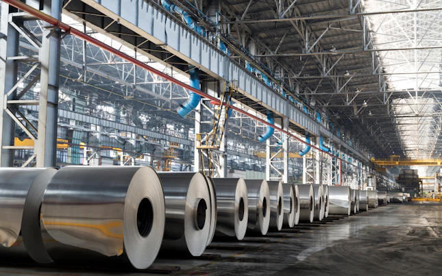 Long Row of Rolls of Aluminum in Production Shop of Plant