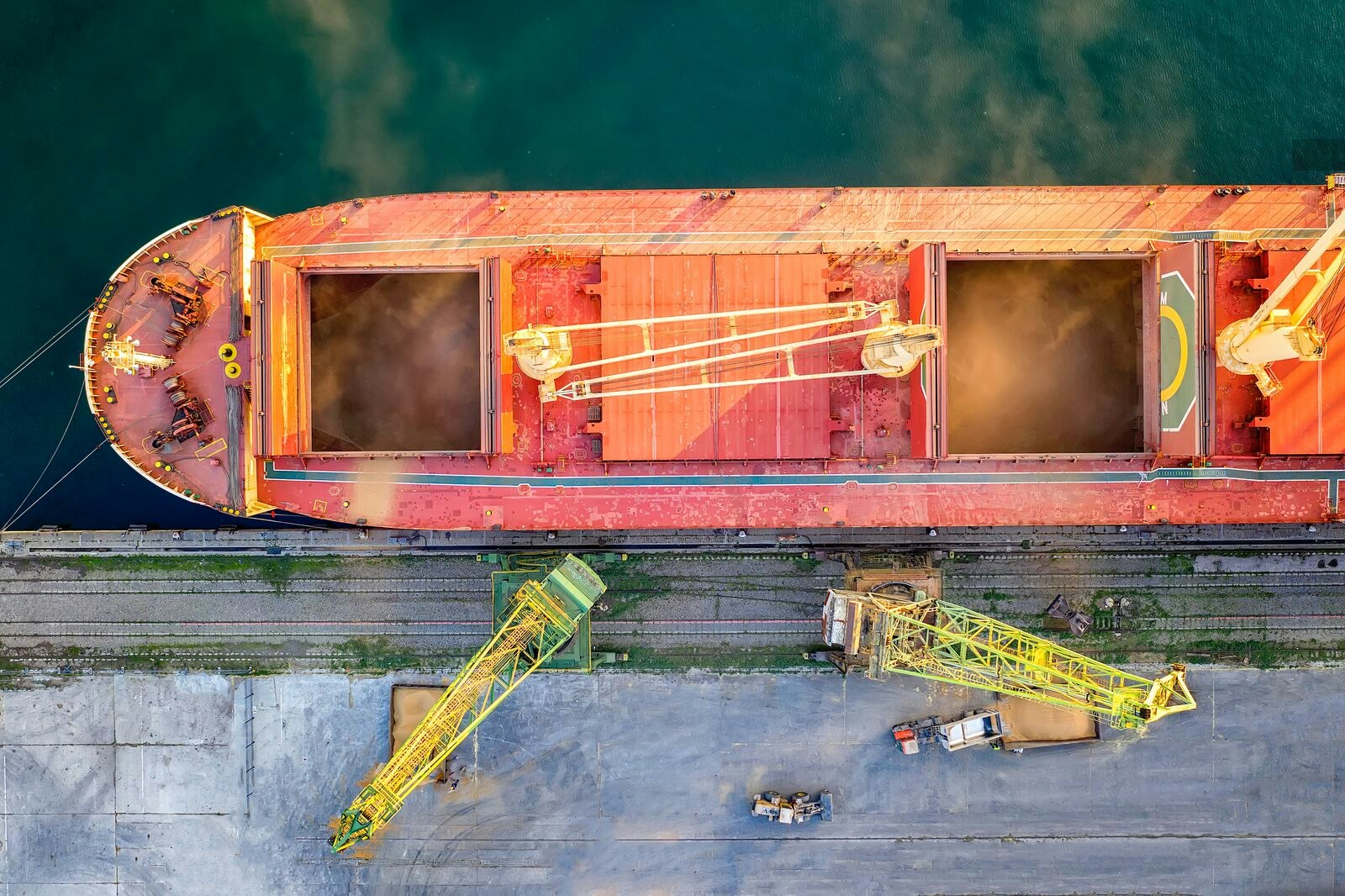 Top view of a Large Ship Loading Grain for Export