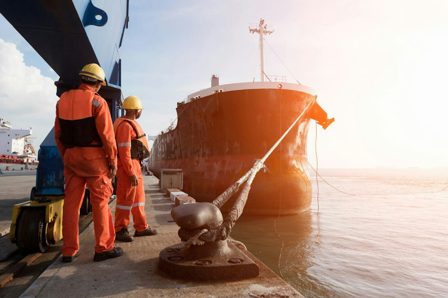 Workers Looking at Docked Ship