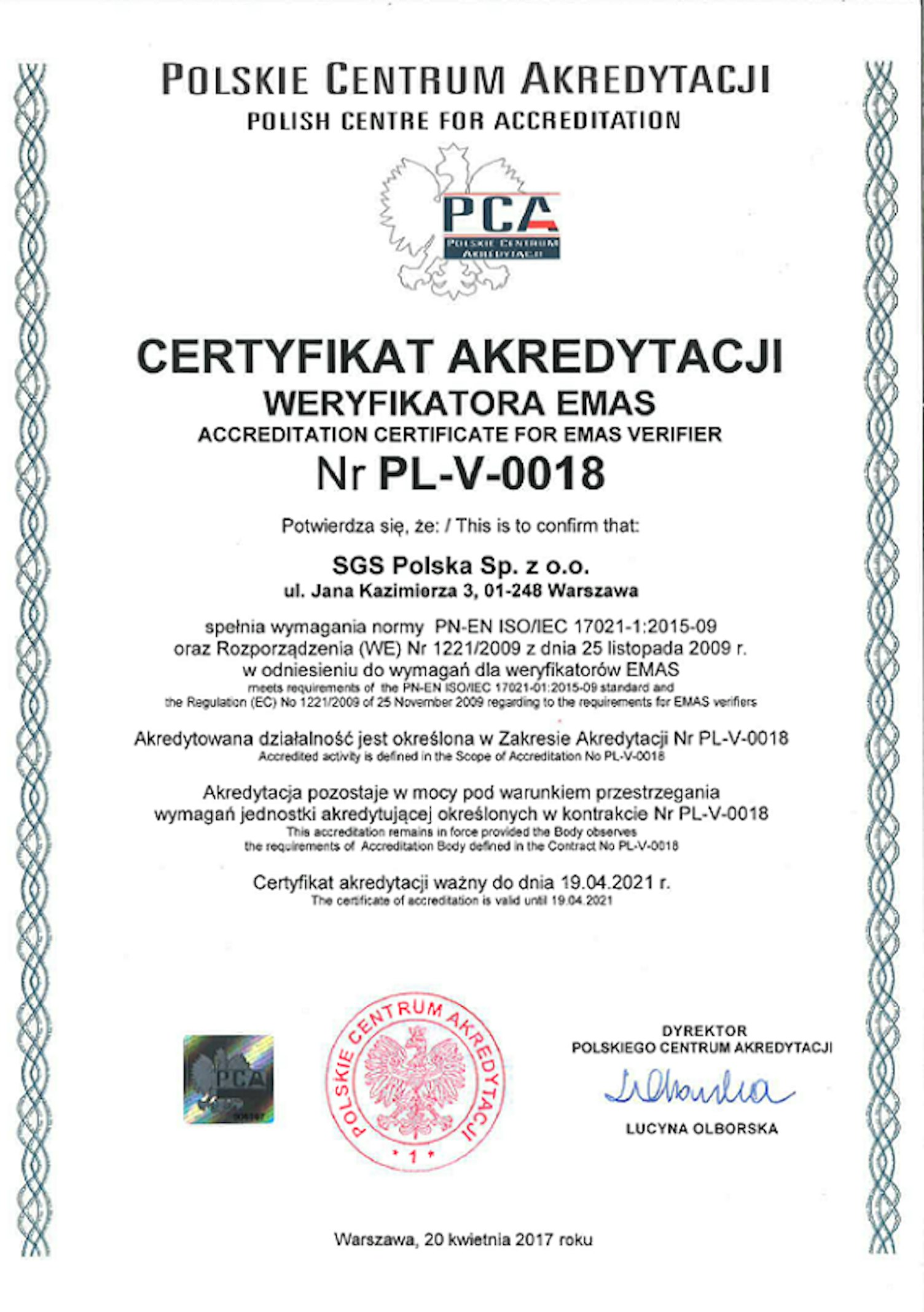 emas accreditation certificate