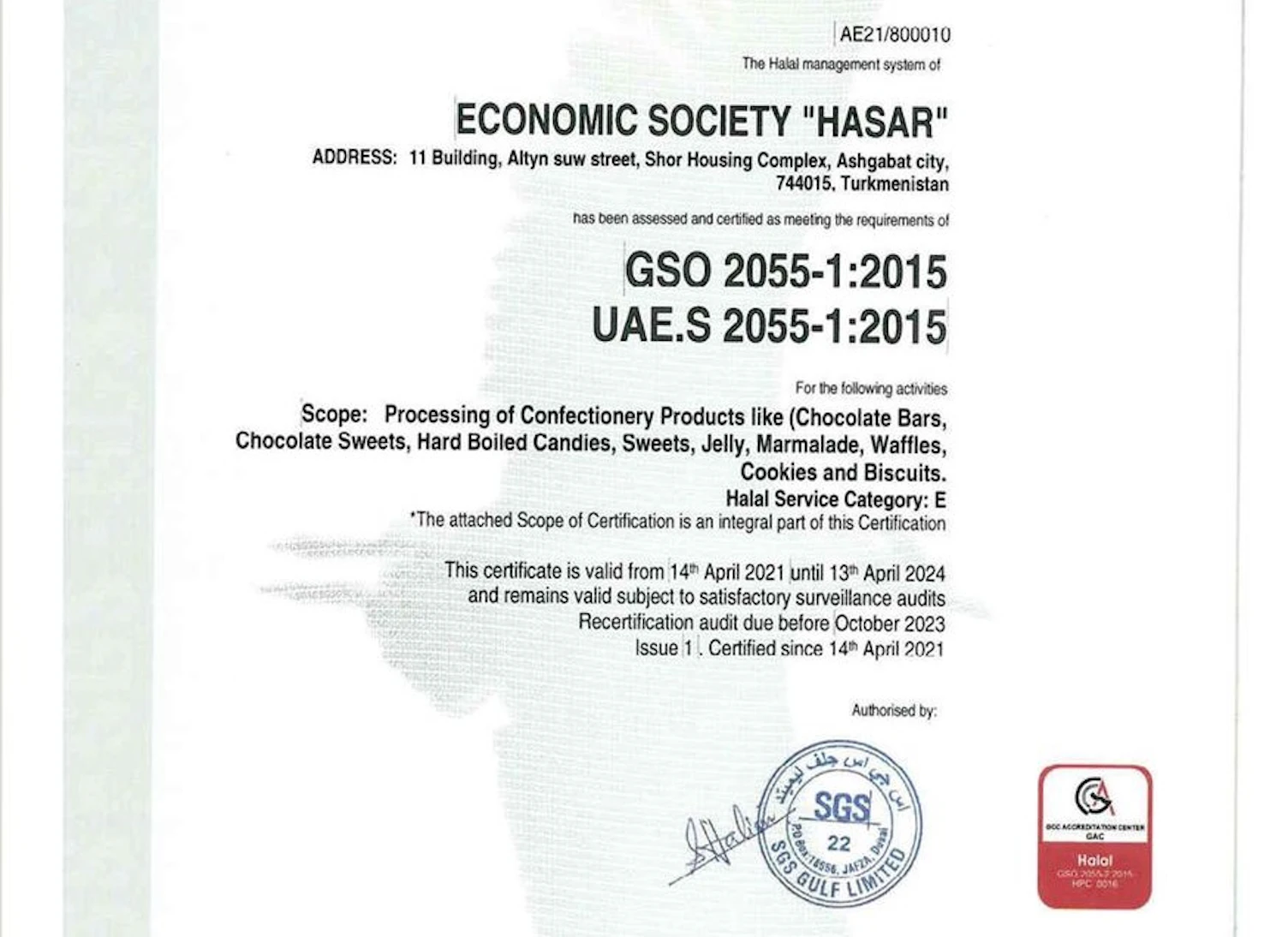 HASAR Turkmen Halal cert