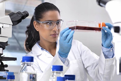main feature female scientist viewing stem cells developing in a culture jar during an experiment in