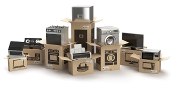 orig household kitchen appliances and home electronics in boxes