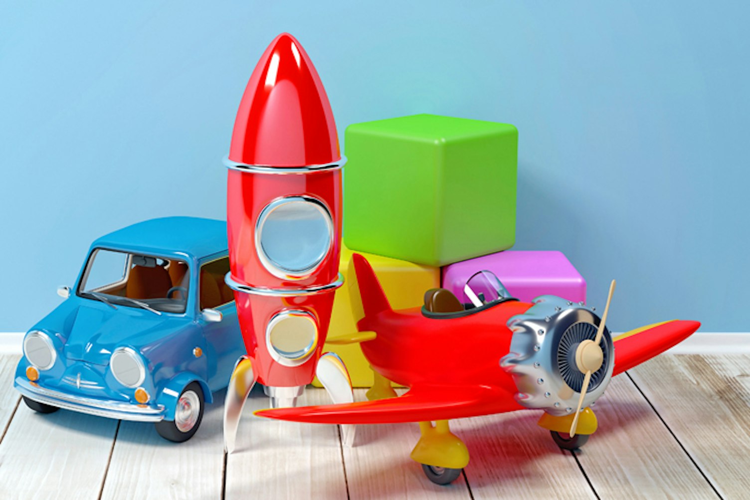 Toy car plane and rocket in plastic 456px