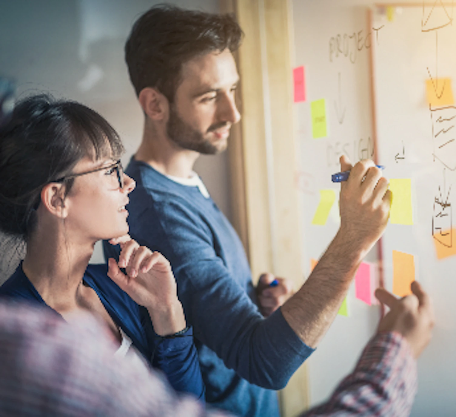 Orig Business Colleagues Meeting at Office and Use Post It Notes to Share Idea Getty832112086