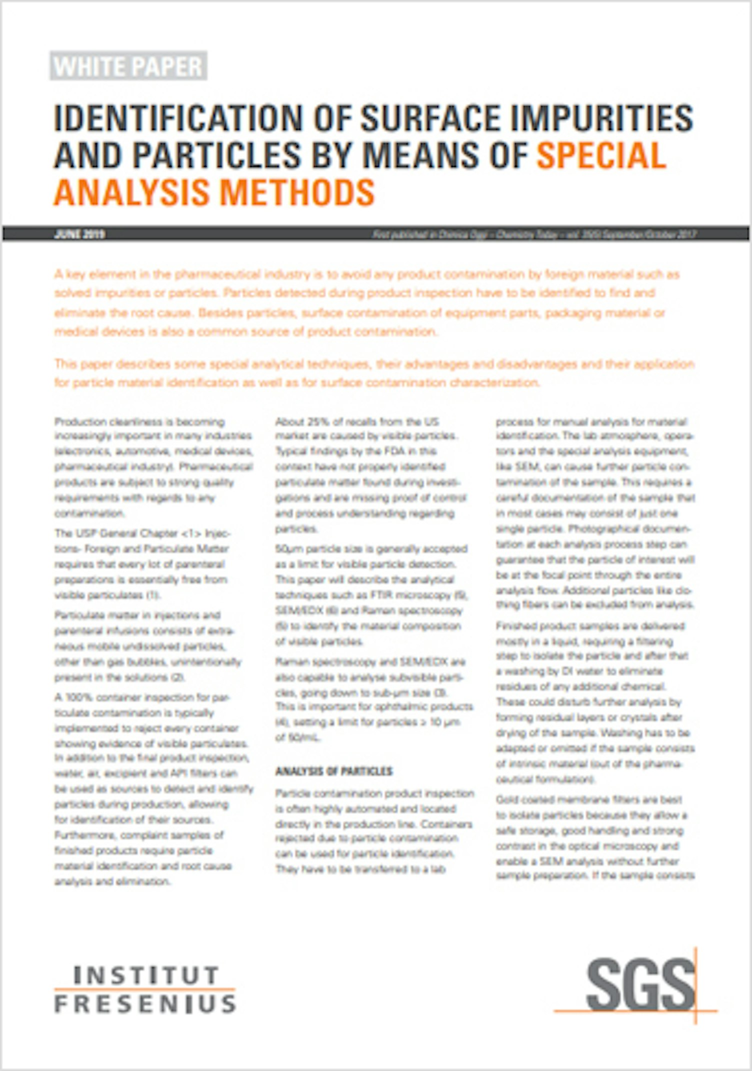 Identification of Surface Impurities and Particles by Means of Special Analysis Methods