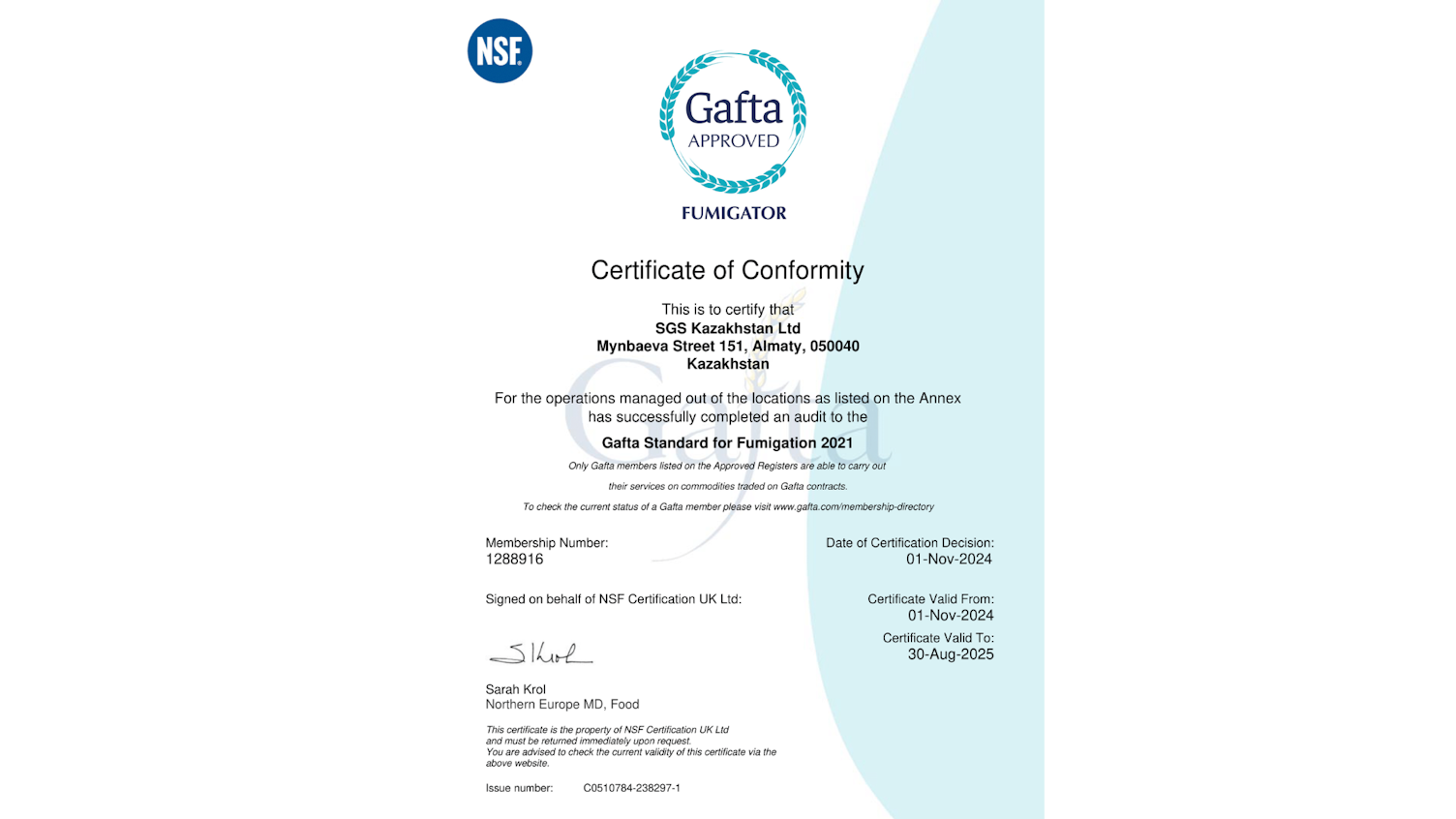 SGS in Kazakhstan has successfully confirmed the Gafta certificate