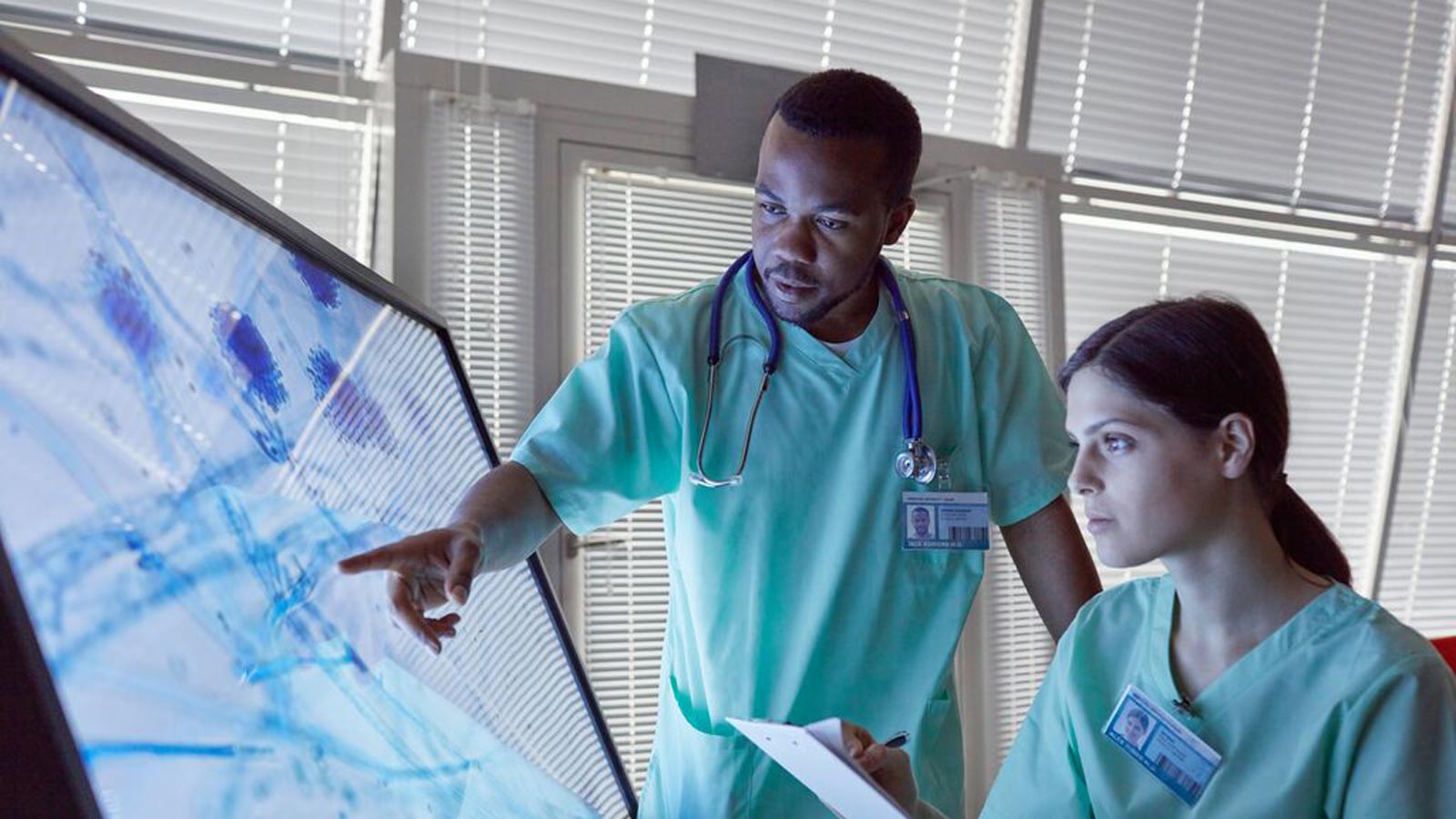 Doctors checking microorganism on big screen