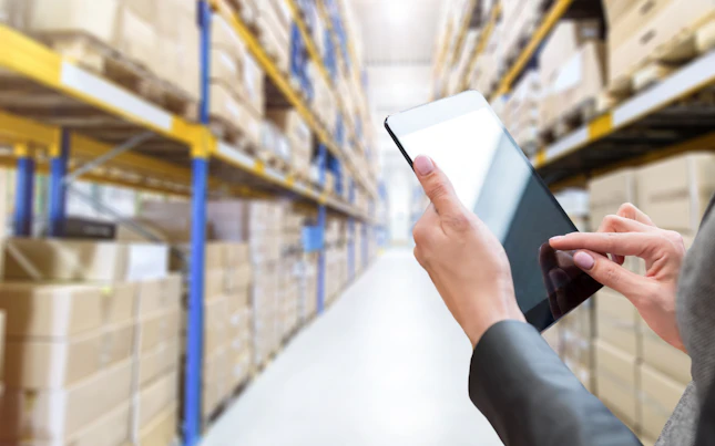 Inventario en almacén con tableta digital