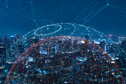 City at night with a wireless network over it